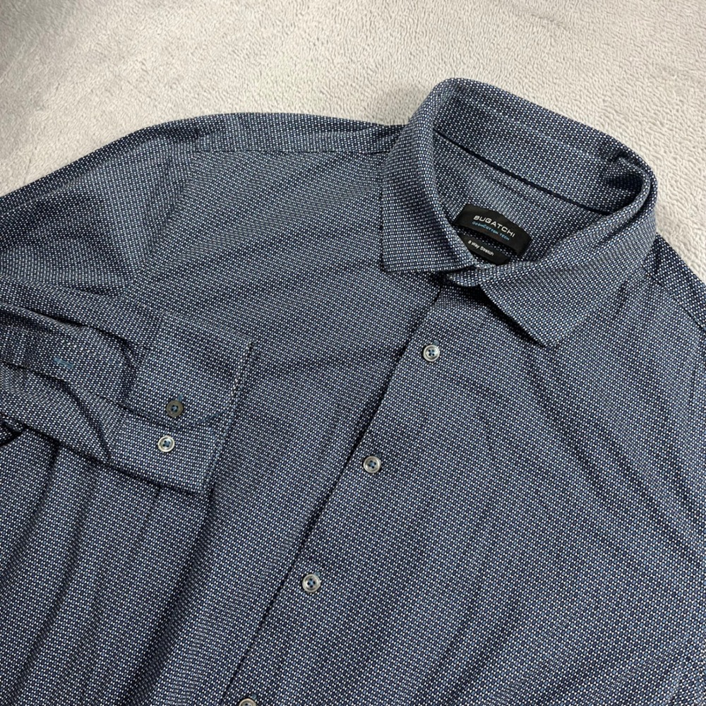 Bugatchi OoohCotton Tech Blue Geometric 8-Way Stretch Button Down Shirt Mens XL